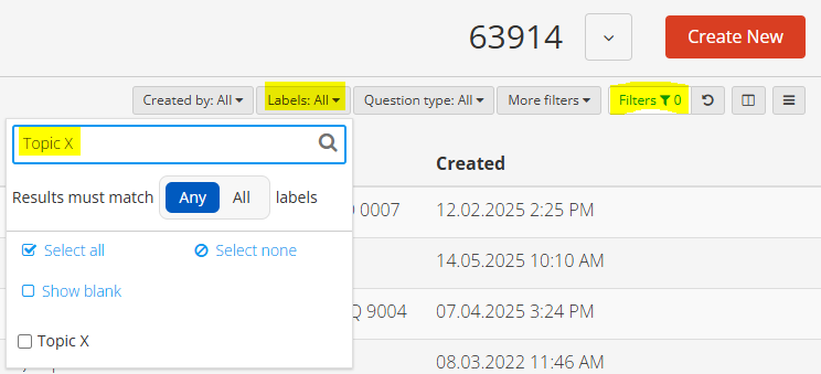 A screenshot of the question label filtering in Inspera.
